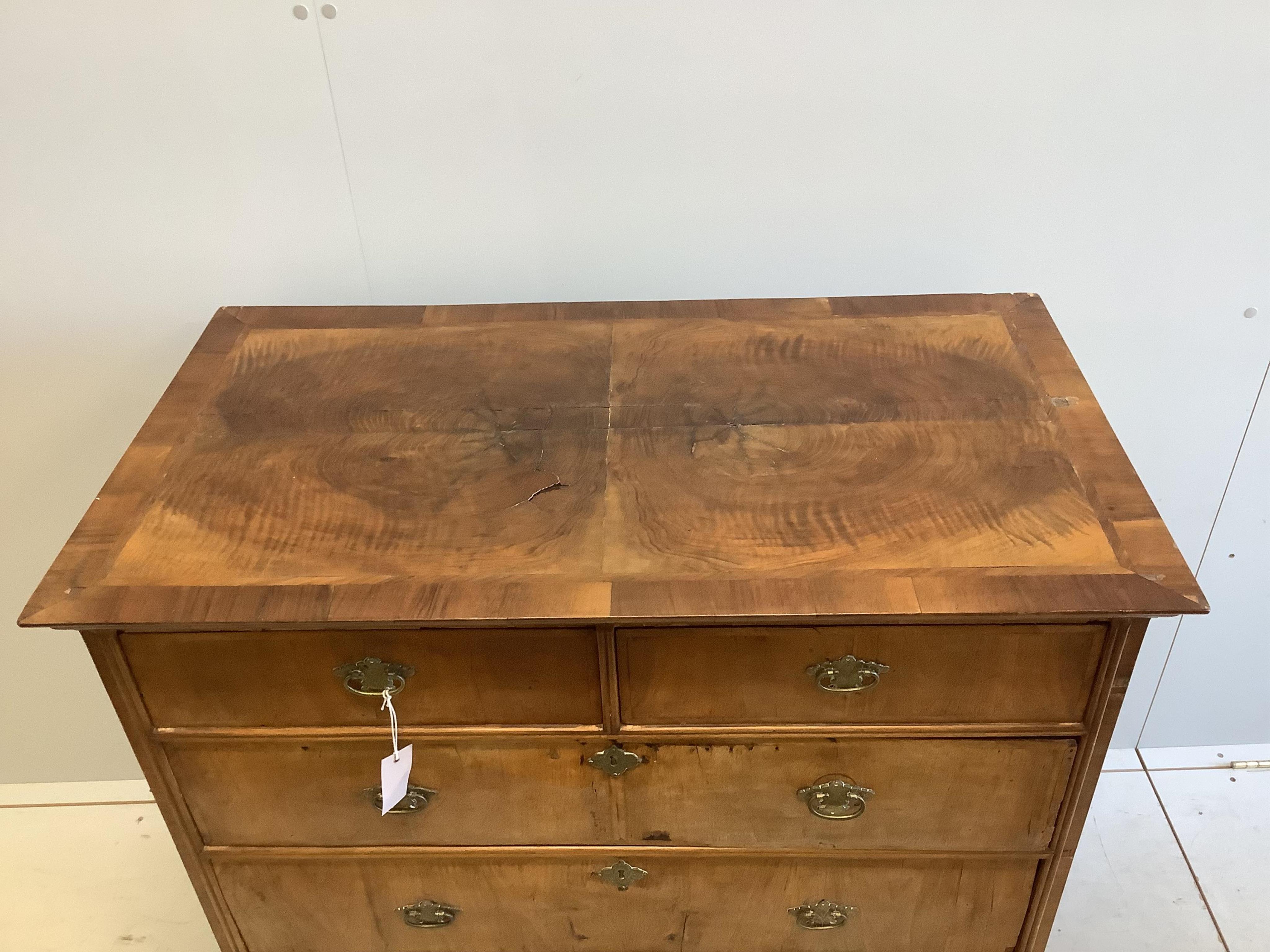 An 18th century and later banded walnut chest, width 101cm, depth 56cm, height 100cm. Condition - poor to fair